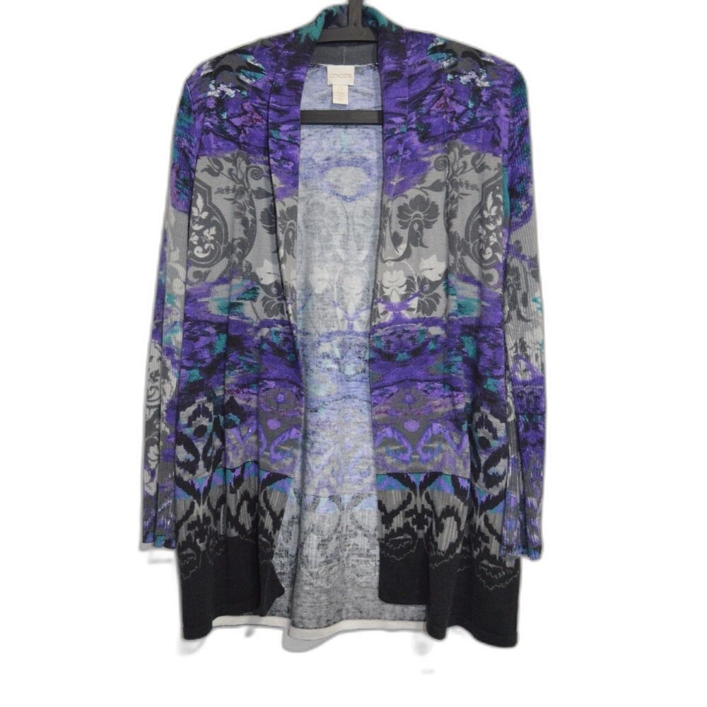 Chico’s Long Cardigan Sweater Size 0 S - M Purple Gray Casual Travel Boho